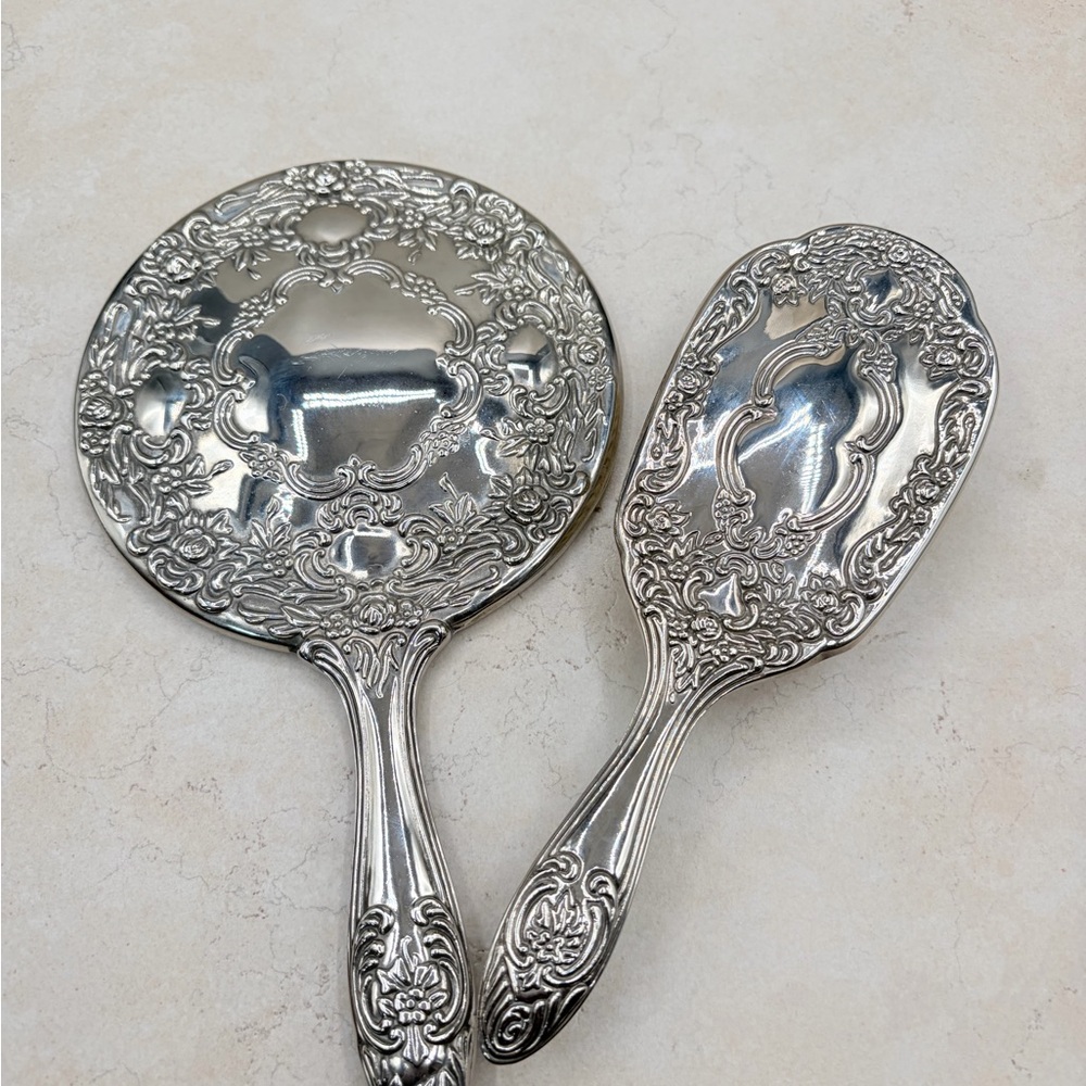 Vintage Godinger Vanity Dresser Set 2 Piece Silver Plate Mirror and Brush Italy